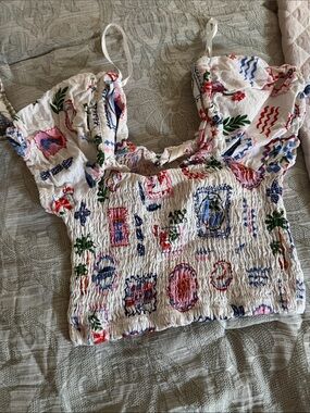 Smocked White Floral Print Crop Top